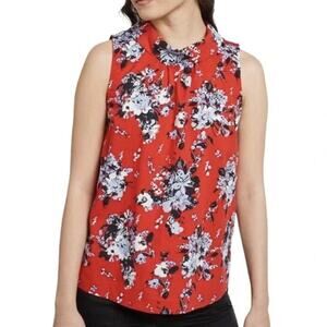 ModCloth Women’s Red Floral Sleeveless Blouse Large Reverse Peter Pan Collar